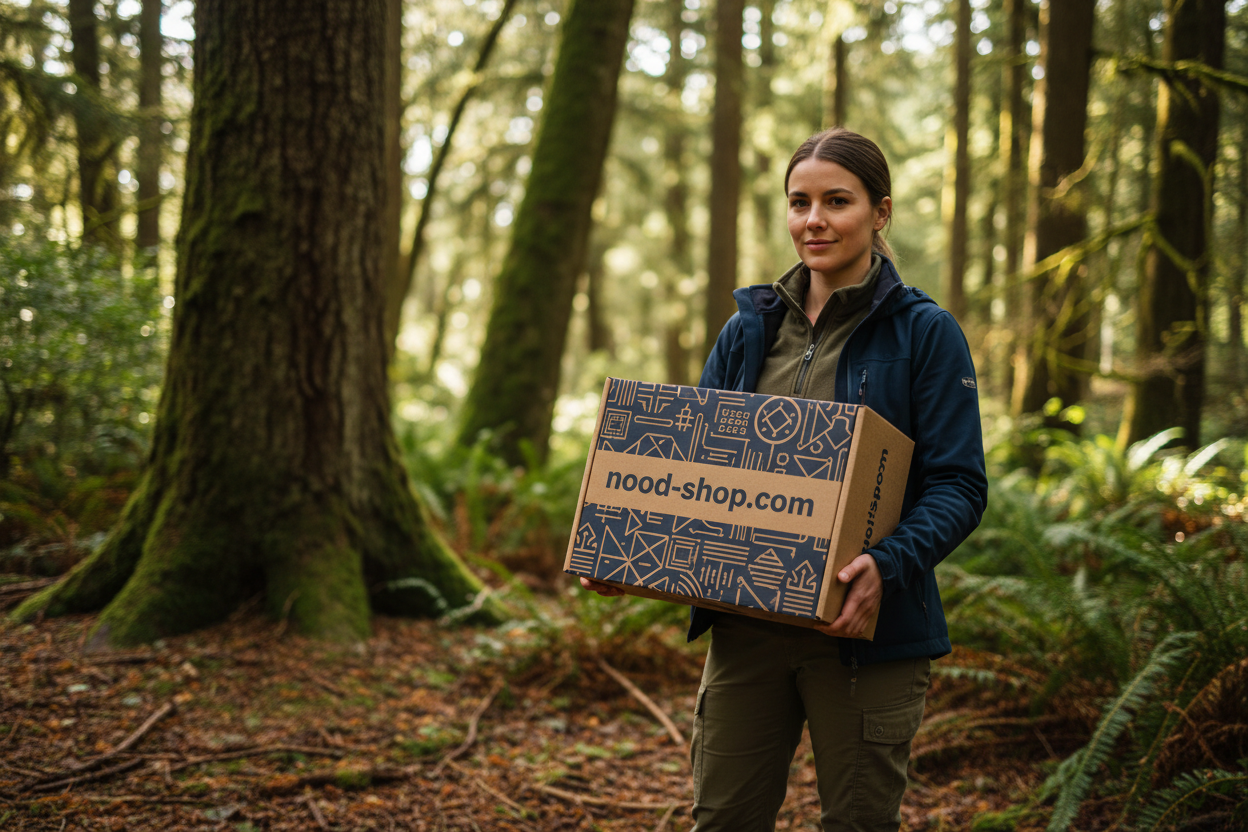 Maak een afbeelding van een vrouw die een noodpakket vast heeft. Op de doos staat nood-shop.com. De vrouw staat in het bos. gebruik de kleuren #0A3D62 en #F39C12